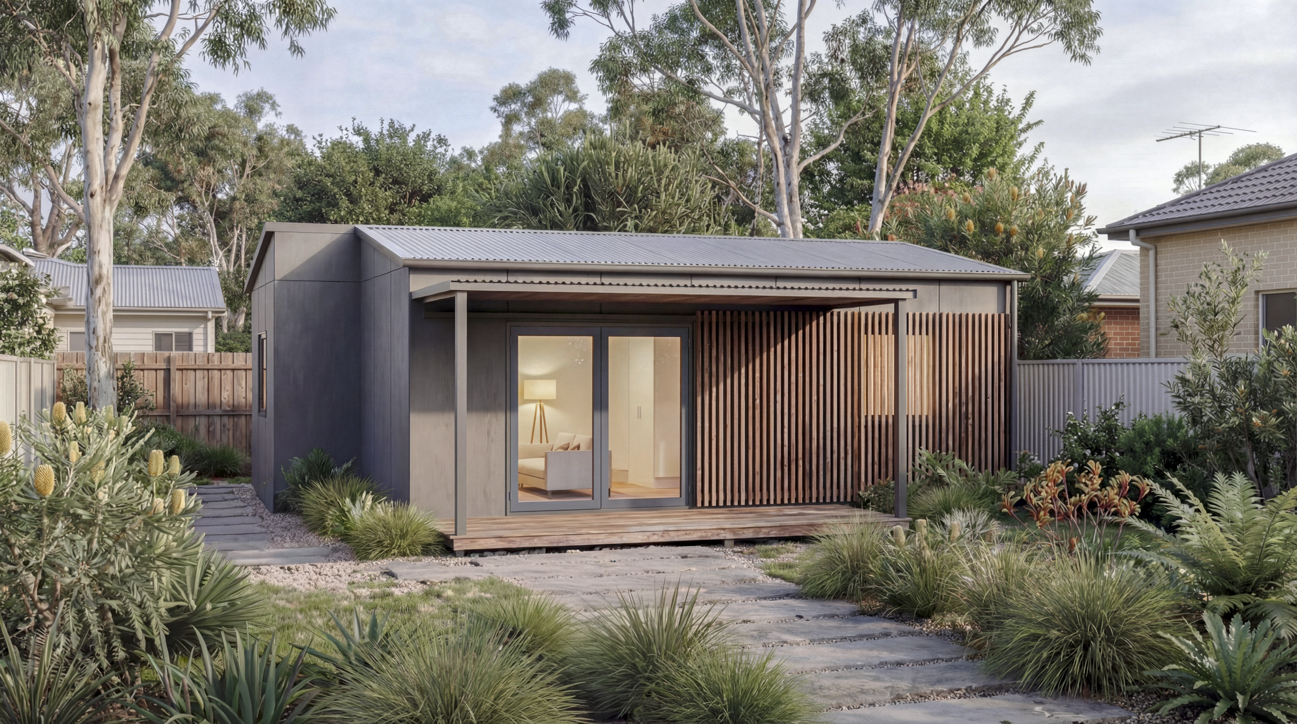 Duo-Forma modular secondary dwelling exterior render, dark grey cladding with timber battens and stacker doors opening to a timber deck, set in a native Australian backyard