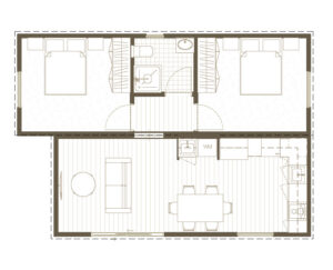 Duo-Forma 01 floor plan showing two bedrooms, bathroom, open-plan kitchen, dining and living area across two modules